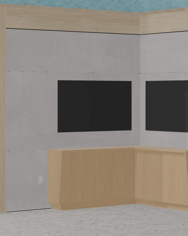 Two wall-mounted screens above timber millwork, from the booth render