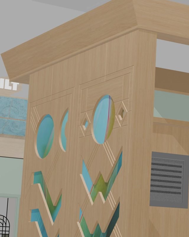 A timber panel with circular and chevron cut-outs, from the booth render