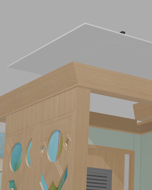 A ceiling panel lowering onto the timber valence, from the booth render