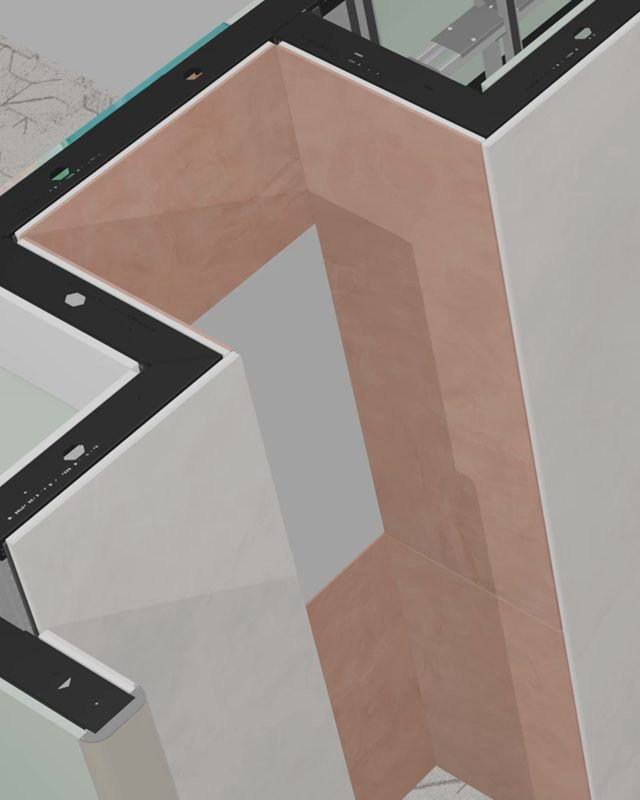 Wall corners meeting at an outside edge, from the booth render