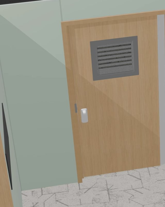 A door with a louvred panel set into a sage wall, from the booth render