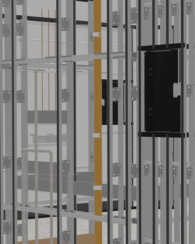Open wall framing with plumbing inside, from the booth render