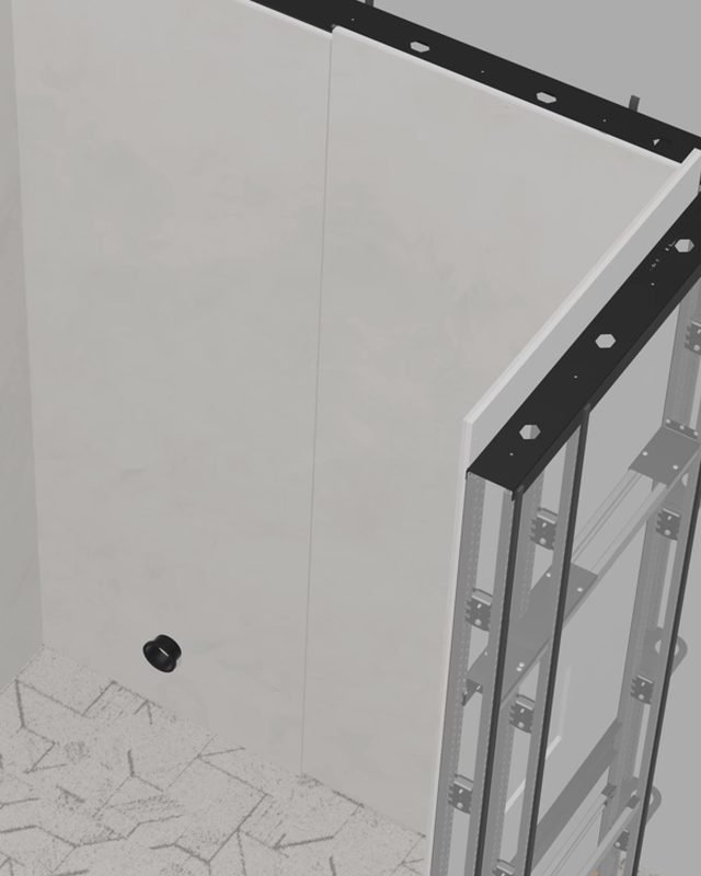 A finished white wall corner, from the booth render