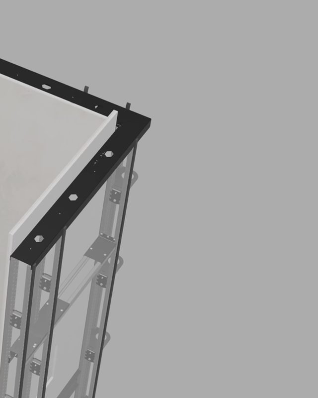 A white wall edge with exposed framing, from the booth render