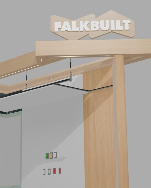 Timber arch with the Falkbuilt sign on top, from the booth render